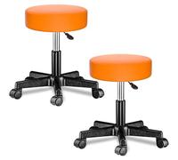 CASARIA® 2X Taburete Oficina Giratorio 360° Redondo Ø 35cm con Ruedas Silla Escritorio Trabajo Altura Regulable 46-60cm Acolchado 10cm Resistente Naranja