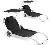 CASARIA® 2X Tumbonas Plegables con 2 Ruedas Parasol Silla Playa Portátil