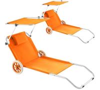 CASARIA® 2X Tumbonas Plegables con 2 Ruedas Parasol Silla Playa Portátil