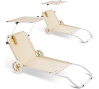 CASARIA® 2X Tumbonas Plegables con 2 Ruedas Parasol Silla Playa Portátil