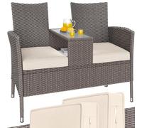 CASARIA® Banco Terraza Exterior 2 Asientos Poliratán hasta 320Kg Mesa Cristal con Cojines Estante Resistente Intemperie 145x58cm Crema