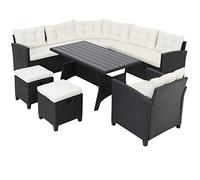 CASARIA Conjunto Jardín Poliratán Sofá Esquina Mesa Cojines WPC 9 Personas | 2 Taburetes, 1 Sillón, Cojin 15cm, Asiento 7cm, Acero Galvanizado, Resistente UV, Fundas Lavables, Terraza, Lounge, Exterior