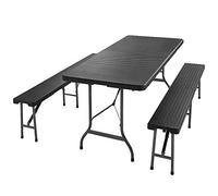 CASARIA® Conjunto Mesa Bancos Negro Plástico 180cm Set Muebles de Cerveza Picnic Camping Jardín Plegable