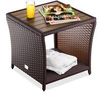 CASARIA® Mesa Auxiliar Jardín 45x45x40cm Poliratán Tablero Madera Acacia Mesa Exterior Balcón Carga 80kg Resistente Intemperie Marrón