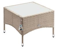 CASARIA® Mesita de Centro Poliratán 58x58x42cm Carga hasta 80Kg Mesa Auxiliar Jardín Ajustable en Altura Tablero Vidrio Resistente Intemperie Crema