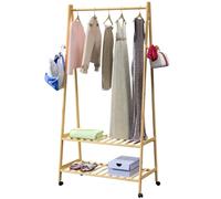 CASARIA Perchero de Pie con Ruedas Bambú 2 Estantes 4 Ganchos 50kg | 155x70x45cm, Giro 360°, 2 Frenos, Barra Colgador, Resistente Humedad, Zapatero, Organizador, Dormitorio, Vestidor, Oficina