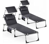 CASARIA® Set 2X Tumbonas Playa Plegable 180Kg Silla Jardín Reclinable Exterior Toldo Reposacabeza 210x61cm Bolsillo Piscina Camping Terraza Gris