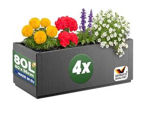 CASARIA Set 4X Jardineras Exterior 80L Macetero Rectangular Antracita | 80x36x35cm, Drenaje Integrado, Plástico, Resistente UV, Antihielo, Apilable, Flores, Hierbas Aromáticas, Huerto Urbano, Patio