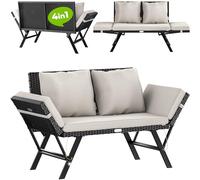 CASARIA Sofá de Jardín Exterior 2en1 | Poliratán, Multifuncional, Reposabrazos Abatibles, Cojines, Resistente Intemperie, Carga 240Kg, 176 x 56 x 81 Cm, Negro