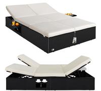 CASARIA® Tumbona Doble Jardín con Mesa Plegable Cojín 7cm Poliratán Resistente Intemperie Carga hasta 220Kg Regulable Mueble Exterior 2 Personas 200x115cm Negro Crema