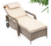 CASARIA® Tumbona Jardín Poliratán hasta 160kg 193x90cm Respaldo Regulable Acolchado 7cm Cojín 2 Ruedas Crema