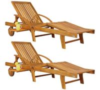 CASARIA Tumbona Plegable Exterior Acacia Juego de 2 | Madera Acacia, 2 Ruedas, Resistente, Carga 160Kg, Silla Reclinable Jardín, Respaldo Ajustable, Reposabrazos, con Mesita