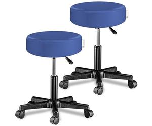 CASARIAŽ 2X Taburete Oficina Giratorio 360° Redondo Ř 35cm con Ruedas Silla Escritorio Trabajo Altura Regulable 46-60cm Acolchado 10cm Resistente Azul