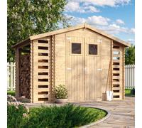 Caseta de jardín con soporte de madera para leña, superficie de 5,47 m² - Dimensiones: 206 cm de ancho x 328 cm de profundidad x 218 cm de alto – TIMBELA M391