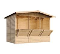 Caseta de Jardín de Madera con Piso, Mostrador y Puerta Tres Ventanas 336x263cm/6 m2 Puesto de Mercado, Gran Bar de Madera al Aire Libre de Jardín, Puesto de Jardin Venta, Kiosko Bar TIMBELA M150A