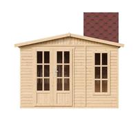 Casa de jardín de madera, 6 m2 - Dimensiones: 232 x 332 x 222 cm - Amplia cabaña multifuncional para jardín - Almacén de herramientas de madera, estudio para jardín - Tejas bituminosas rojas - TIMBELA