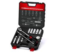 CASOMAN Juego de 11 enchufes magnéticos de 3/8 pulgadas | Con llave de torque (5 - 60 Nm), incluye enchufes de 6 y 12 puntos, tapón de enchufe Spark, barra de extensión y junta en U