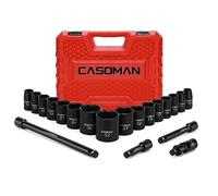 Casoman Juego de llaves de vaso de impacto poco profundas, de 1/2 pulgadas, métricas, 10 mm-32 mm, CR-V, 6 puntos, 20 piezas 1/2 pulgadas con barra de extensión y juntas universales