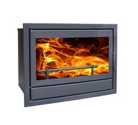 Cassette de leña Hodur 80 de Muspel con doble turbina axial, cristal serigrafiado negro y hogar en acero + fundición para salón interior, eficiencia térmica y bajas emisiones