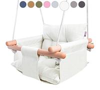 CaTeam - Columpio de Lona para bebé, Silla de Columpio Colgante de Madera con cinturón de Seguridad, Silla de Hamaca Duradera para bebé, Columpio para Exteriores e Interiores para niños, Marfil
