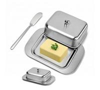 CATELL Mantequera de acero inoxidable con tapa, 18,5 x 12,2 x 5,8 cm | Mantequera plateada apta para lavavajillas para 250 g de mantequilla con espátula, fácil de limpiar, sin manchas de grasa