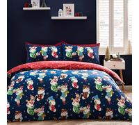 Catherine Lansfield Juego de Funda de edredón y Funda de Almohada de algodón con diseño de Elfos navideños, Color Azul Marino