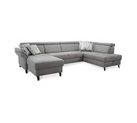 CAVADORE Ammerland - Paisaje de salón con muelles, Forma de U con Silla Larga Izquierda y otomana Derecha, Incluye cabecero Ajustable, 317 x 84 x 193, Aspecto de Piel, Color Gris Claro