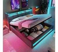 Cayipng cama de matrimonio 180 x 200 cm con USB y LED y contenedor, cama de una plaza y media con almacenamiento, lino, gris