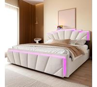 Cayipng Cama tapizada Moderna con Cabezal Trapezoidal único, Barra de luz LED integrada y Ajuste de Altura 2X, Puerto USB Type-C, 2 cajones espaciosos. (Beige+140x200cm)