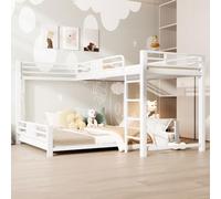 Cayipng Litera 90 x 200 + 140 x 200, cama alta 90 x 200 con plataforma 140 x 200 cm, cama de matrimonio 3 personas en forma de L de metal con barandilla, escalera 4 peldaños rectos, sin colchón