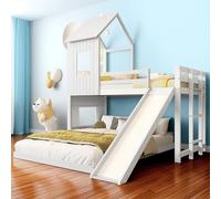 Cayipng Litera con tobogán, casa-Cama con Puerta de Seguridad, Ventana y Techo, Escalera de Tres peldaños, somier Infantil de Pino, Blanco