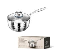 Cazo de Titanio Puro con Tapa de Cristal, Cacerola sin Revestimiento para Inducción, Gas y Vitrocerámica, Olla Ligera con Acabado Martillado para Sopa, Pasta, Leche y Verduras (22cm)