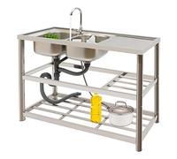 CCAUUB De pie libre de acero inoxidable doble tazón fregadero de uso de acero inoxidable, Comercial restaurante cocina fregadero conjunto w/grifo, tabla de drenaje, lavabo w/banco de trabajo, estantes