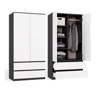 CDF Armario Dormitorio Anchura 90cm con 2 Puertas 2 Cajones Armario Ropero Niño Ahorraespacio Multiusos Un Vestidor Moderno Blanco/Antracita 1 Barra para Colgar Ropa de Tablero Laminado 16 mm