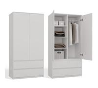CDF Armario Dormitorio Anchura 90cm con 2 Puertas 2 Cajones Armario Ropero Niño Ahorraespacio Multiusos Un Vestidor Moderno Blanco 1 Barra para Colgar Ropa de Tablero Laminado 16 mm