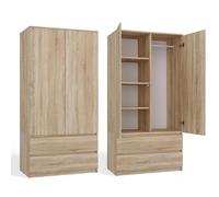 CDF Armario Dormitorio Anchura 90cm con 2 Puertas 2 Cajones Armario Ropero Niño Ahorraespacio Multiusos Un Vestidor Moderno Roble Sonoma 1 Barra para Colgar Ropa de Tablero Laminado 16 mm
