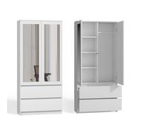 CDF Armario Dormitorio con Espejo Anchura 90cm con 2 Puertas 2 Cajones Armario Ropero Niño Ahorraespacio Multiusos Blanco 1 Barra para Colgar Ropa de Tablero Laminado 16 mm
