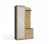 CDF Armario Recibidor con Espejo Corredero Perchero Panel Ganchos Estante Zapatos Cajón, Mueble Pasillo Diseño Bicolor Antracita Roble Artisan Contraste Moderno, Dimensiones 35x50x180 cm, Peso 63kg