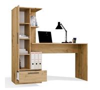 CDF Escritorio con Estantería Cajón 140cm 3 Estantes Teletrabajo Home Office Escritorio Ordenador Ergonómico Mesa Trabajo Habitación Juvenil Niños Dormitorio Guías Rodillos Roble Artisan Tablero 16mm