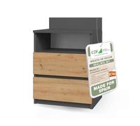CDF Mesita de Noche 2 Cajones Antracita Roble Artisan 40x32x59 cm | Tablero laminado de 16 mm, guías de ruedas, para dormitorio o salón, montaje propio con instrucciones incluidas