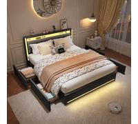 CDQL - Cama Doble 180 x 200 cm, con 4 cajones de Hierro, Acolchado con Cabeza de LED y Puerto de Carga USB, somier de láminas, para Adolescentes, Ropa de Cama, Gris
