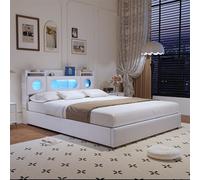 CDQL Cama doble tapizada de 160 x 200 cm con espacio de almacenamiento de aire, cabecero con compartimento de almacenamiento oculto, cama LED con puerto USB, cama funcional, cama juvenil, color blanco