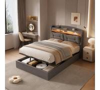 CDQL Cama tapizada de 140 x 190 cm con Almacenamiento de muelles a Gas, Cama Doble con cabecero Plegable y Puerto USB, Cama LED con somier, Cama Funcional de Lino, Color Gris Claro