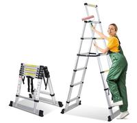 Cecaylie Escalera telescópica plegable de 1,7 m + 2 m, de aluminio, antideslizante, multiusos, extensible, de tijera, capacidad de carga máxima 150 kg