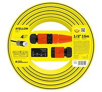 Cellfast 4AMARILLO Conjunto Manguera 10-590 1/2" 15m + Aspersor Recto, Tope de Conexión Rápida y Rebosadero, Conexión con Rosca hembra G3/4"