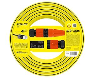 Cellfast 4AMARILLO Conjunto Manguera 10-590 1/2" 15m + Aspersor Recto, Tope de Conexión Rápida y Rebosadero, Conexión con Rosca hembra G3/4"