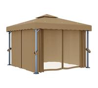 Cenador con Cortina Gris Taupe Aluminio 3x3 m para Exterior | Poliéster con recubrimiento PA, tejado ventilado, cortinas y malla incluidas, cierres de gancho y bucle, resistente a la