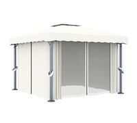Cenador con Cortinas Aluminio 3x3 m Blanco Crema para Patio | Poste aluminio, acero recubierto, poliéster PA, tejado 2 niveles, cortinas y malla incluidas