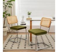Cenbunsh Sillas de Comedor Estilo Moderno de Mediados de Siglo, Set de 2, con Respaldo de Ratán y Asiento de Terciopelo, Patas Cromadas, Color Verde, 53 x 46.4 x 84.6 cm, 14 kg