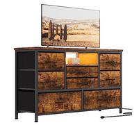 Centro de entretenimiento con 8 cajones - Mueble TV hasta 55'' - Enchufe, luces LED 20 colores - Consola de almacenaje ancha - Superficie de madera - Dormitorio, salón, entrada - Rayas de tigre